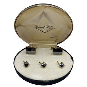 Swank Formal Wear 5 pc Cuff link Stud Set orig box Faceted Black Gold Tone Tux